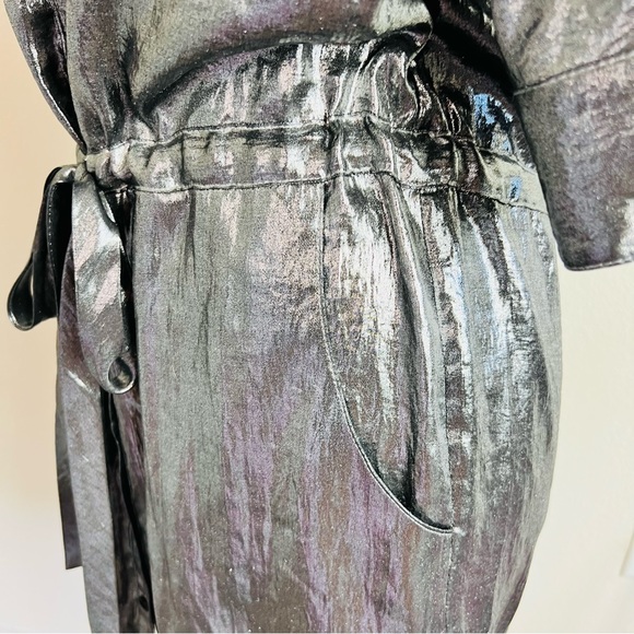 BCBGMaxAzria Silver Gunmetal Metallic Belt Tie Cinched Button Down Dress - Picture 6 of 14